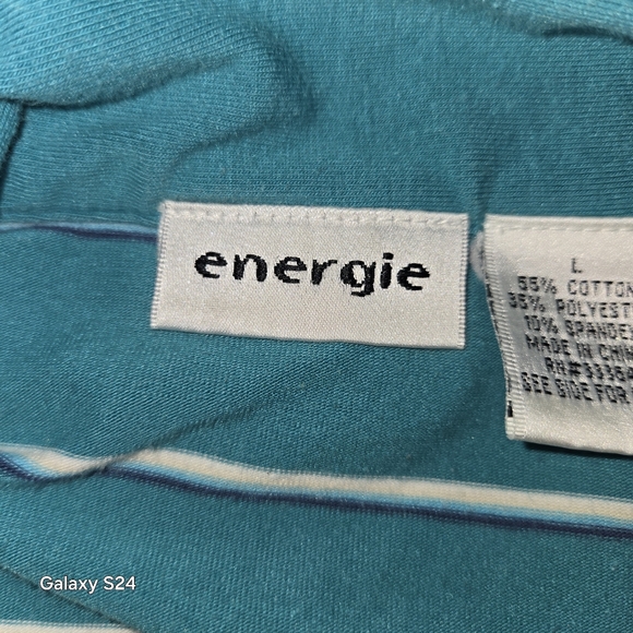 ENERGIE GIRLS TOP 3-BUTTON FRONT COLLAR SHORT SLEEVES TEAL WHITE STRIPE SIZE LG - Picture 7 of 10